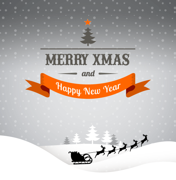 Christmas card design with Santa and his reindeers riding across a snowy landscape and the words Merry Xmas and Happy New Year